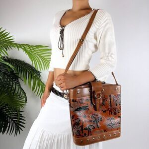 Vintage Y2K Embossed Leather Egyptian Motif Rustic Western Boho Book Bag Purse